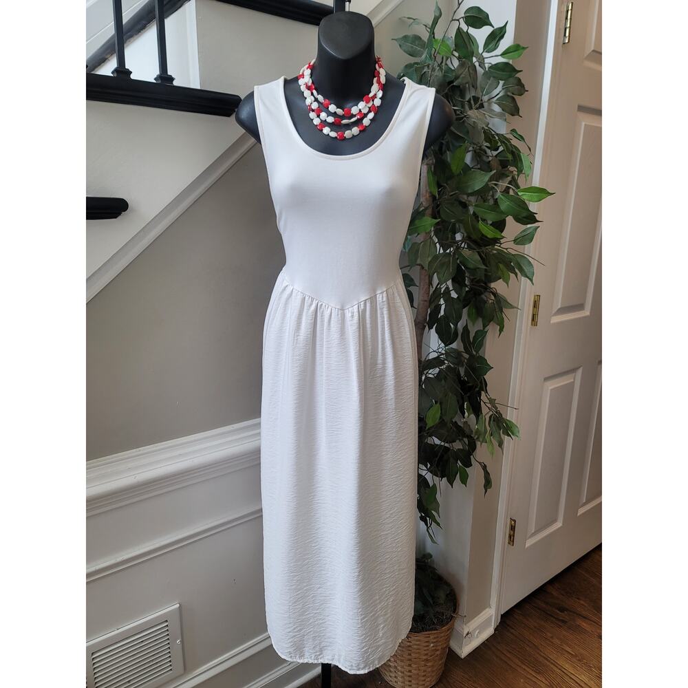 Time and Tru Midi Dress Womens Large White Crinkled Scoop Neck Sleeveless Casual